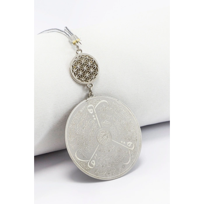 Gümüş Renkli Ayetel Kürsi Allah Lafzı Felak Nas İhlas Paslanmaz Çelik Araba Ayna Süsü(Plaka 4,5cm)