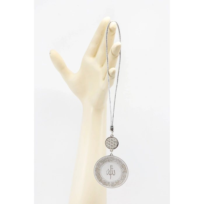 Gümüş Renkli Ayetel Kürsi Allah Lafzı Felak Nas İhlas Paslanmaz Çelik Araba Ayna Süsü(Plaka 4,5cm)