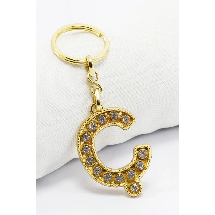 Gold Renkli Parlak Taşlı Ç Harfi Anahtarlık, Hediyelik Harfli Anahtarlık