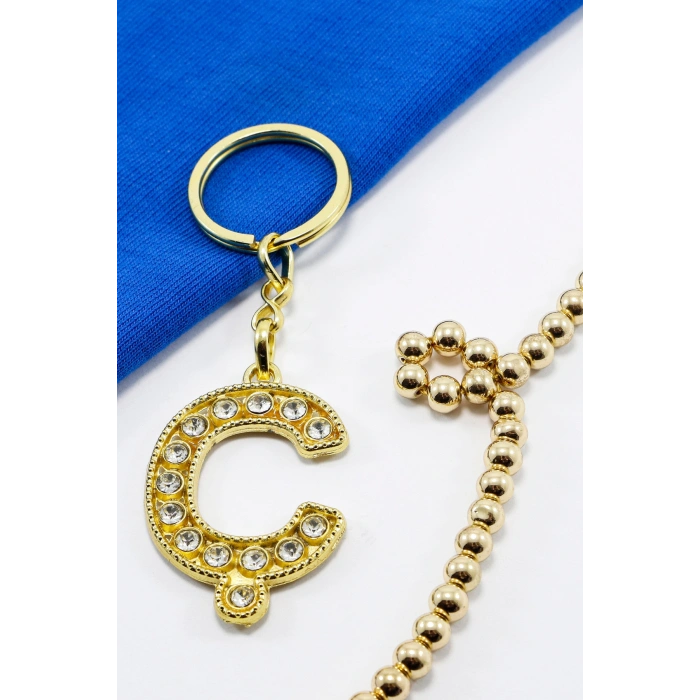 Gold Renkli Parlak Taşlı Ç Harfi Anahtarlık, Hediyelik Harfli Anahtarlık