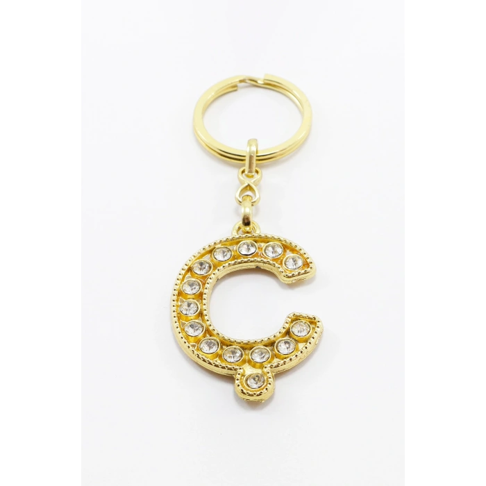 Gold Renkli Parlak Taşlı Ç Harfi Anahtarlık, Hediyelik Harfli Anahtarlık