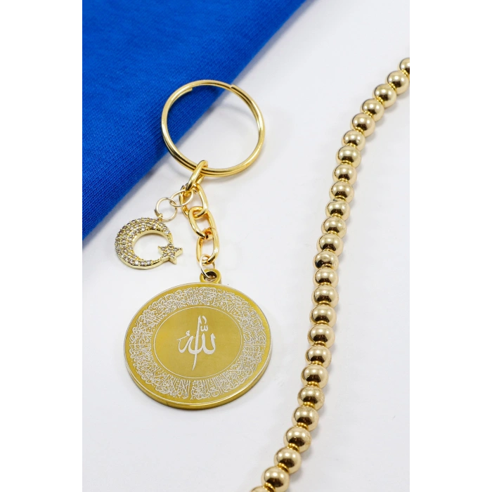 Gold Renkli Ay Yıldızlı Çelik Çift Taraflı Ayetel Kürsi Allah Lafzı Felak Nas Ihlas Anahtarlık