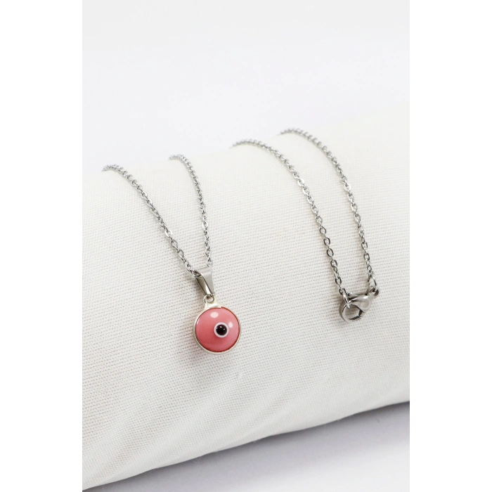 Çerçeveli Pembe Nazar Boncuklu Bijuteri Kolye (Çelik Zincir 60 cm), Gümüş Renkli