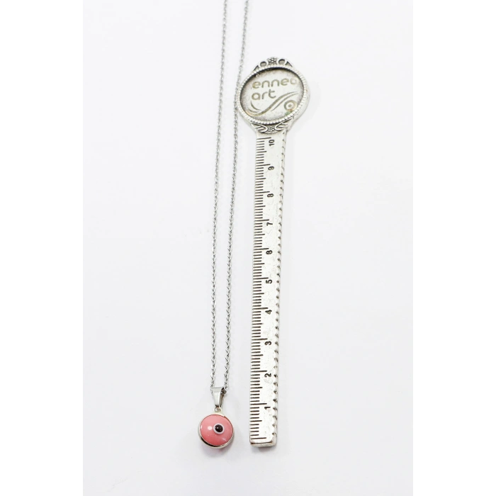 Çerçeveli Pembe Nazar Boncuklu Bijuteri Kolye (Çelik Zincir 60 cm), Gümüş Renkli