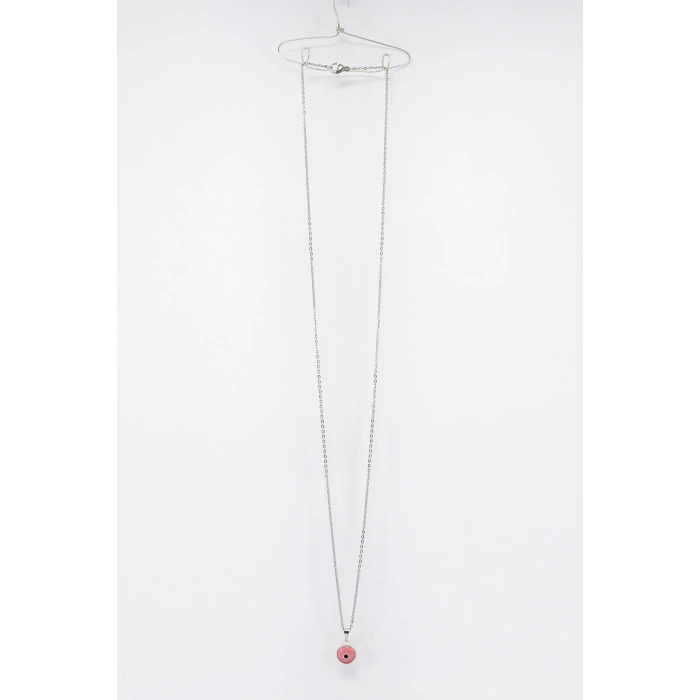 Çerçeveli Pembe Nazar Boncuklu Bijuteri Kolye (Çelik Zincir 60 cm), Gümüş Renkli