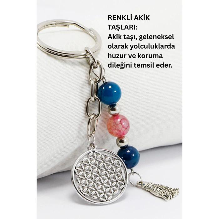 Doğal Taşlı Gümüş Renkli Metal Yaşam Çiçeği Anahtarlık, Renkli Akik Taşlı Araba Hediyesi
