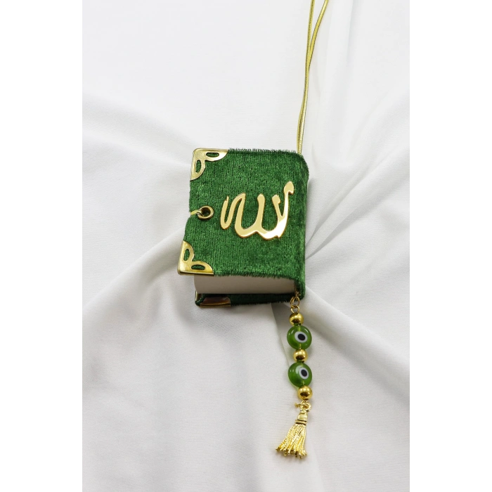 El Yapımı Cam Nazar Boncuklu Püsküllü Yeşil Renk Kadife Mini Kur an-ı Kerim Araba Dikiz Ayna Süsü