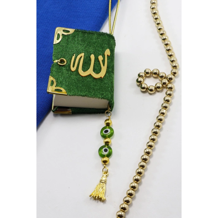 El Yapımı Cam Nazar Boncuklu Püsküllü Yeşil Renk Kadife Mini Kur an-ı Kerim Araba Dikiz Ayna Süsü