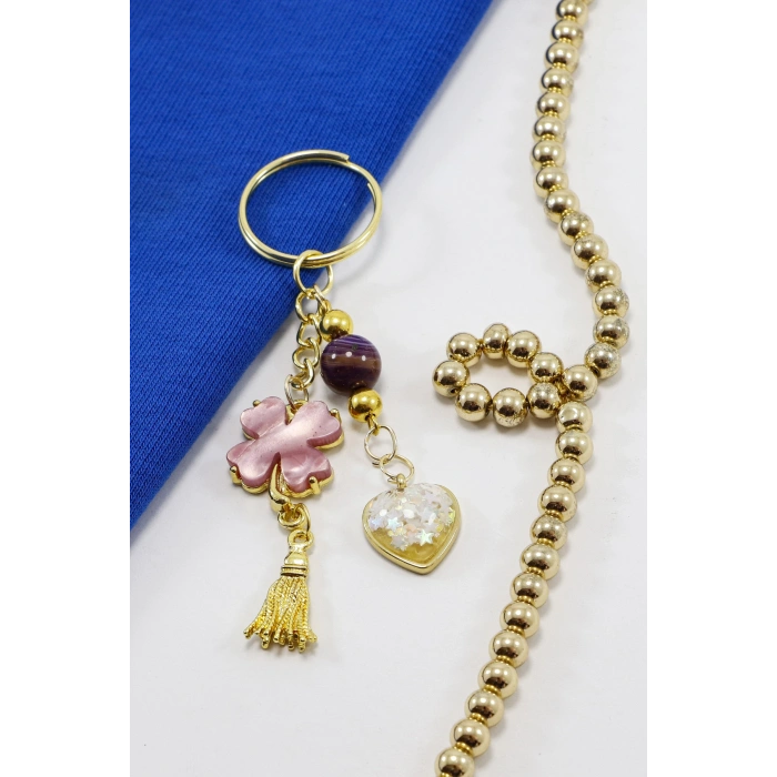 Gold Halkalı Pembe Yoncalı Parlak Kalpli Salkım Anahtarlık, Hediyelik Çanta Süsü