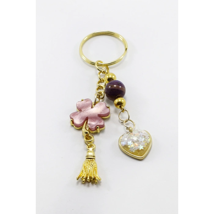 Gold Halkalı Pembe Yoncalı Parlak Kalpli Salkım Anahtarlık, Hediyelik Çanta Süsü