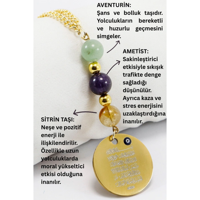 Çelik Ayetel Kürsi Fatiha Dualı Araba Dikiz Ayna Süsü, Doğal Taşlar: Ametist, Sitrin, Aventurin