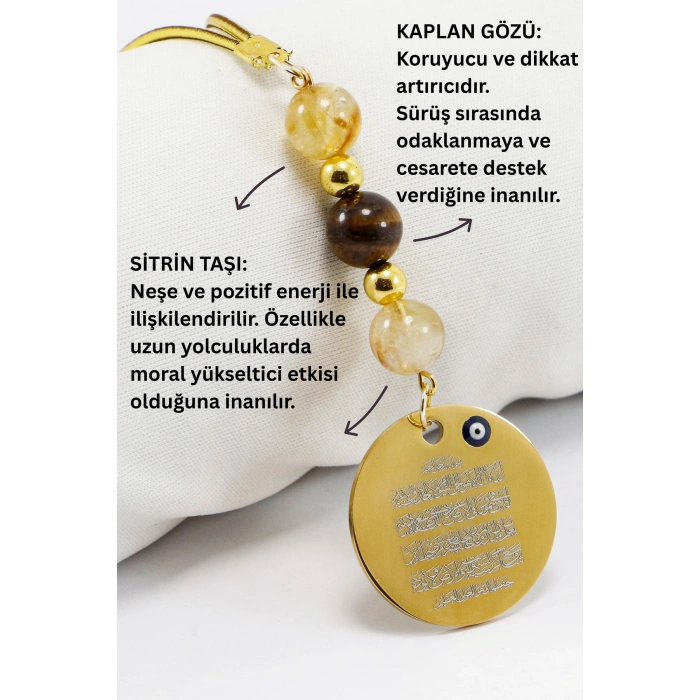 Çelik Ayetel Kürsi Fatiha Dualı Araba Dikiz Ayna Süsü, Doğal Taşlar: Kaplan Gözü, Sitrin
