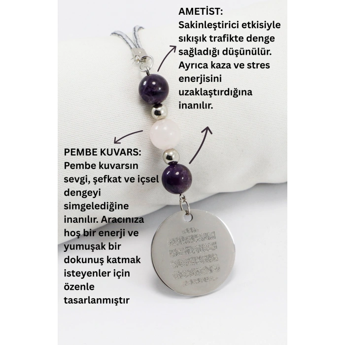Çelik Ayetel Kürsi Kişiselleştirilebilir Araba Dikiz Ayna Süsü, Doğal Taşlar: Ametist, Pembe Kuvars