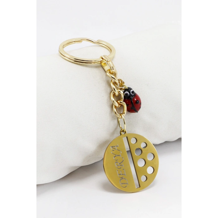 Gold Renkli El Yapımı Cam Uğur Böcekli Kişiselleştirilebilir Anahtarlık, Hediyelik Çanta Süsü