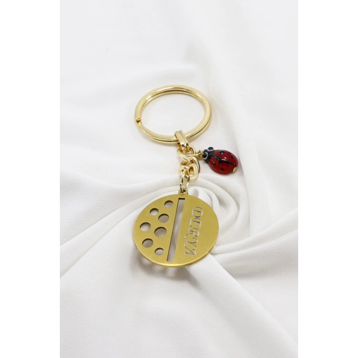 Gold Renkli El Yapımı Cam Uğur Böcekli Kişiselleştirilebilir Anahtarlık, Hediyelik Çanta Süsü