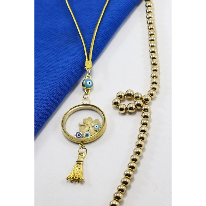 Püsküllü Gold Renkli Nazarlı Çelik Çerçeveli Yoncalı Açılabilir Fanus Model Dikiz Ayna Süsü