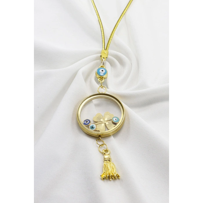 Püsküllü Gold Renkli Nazarlı Çelik Çerçeveli Yoncalı Açılabilir Fanus Model Dikiz Ayna Süsü