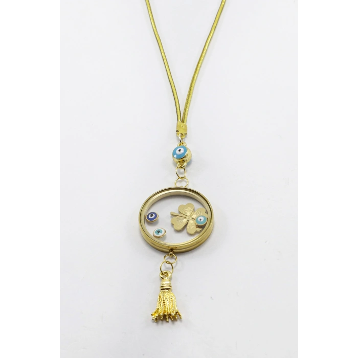 Püsküllü Gold Renkli Nazarlı Çelik Çerçeveli Yoncalı Açılabilir Fanus Model Dikiz Ayna Süsü