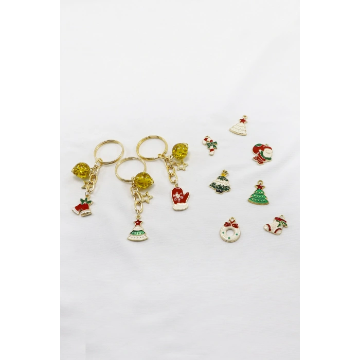 Üçlü Gold Halkalı Renkli Yılbaşı Temalı Anahtarlık, Yılbaşı Objeleri Değişebilir