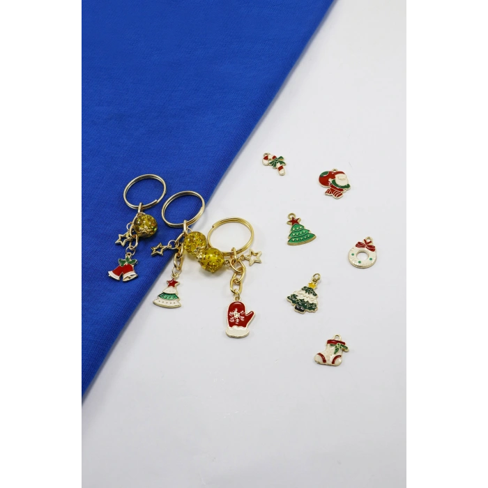 Üçlü Gold Halkalı Renkli Yılbaşı Temalı Anahtarlık, Yılbaşı Objeleri Değişebilir