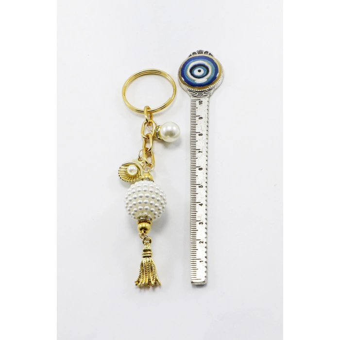 Gold Halkalı Beyaz İncili Böğürtlen Salkım Püsküllü Anahtarlık, Hediyelik Çanta Süsü