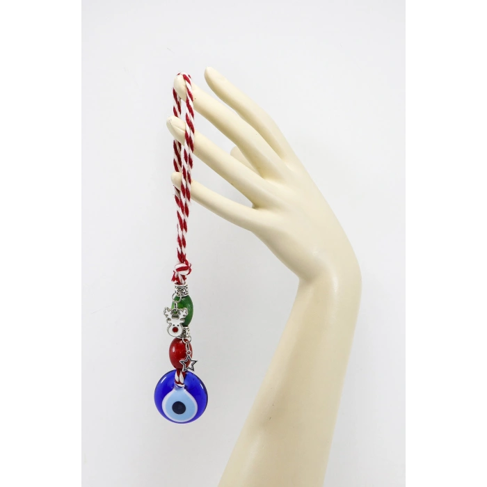 El Yapımı Lacivert Cam Nazar Boncuklu Yılbaşı Figürlü Dikiz Ayna Süsü, Christmas Araç Süsü