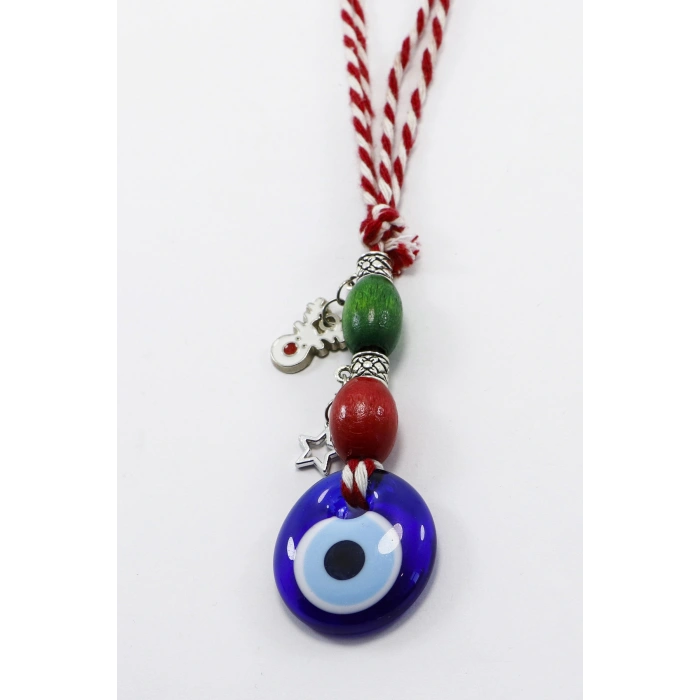 El Yapımı Lacivert Cam Nazar Boncuklu Yılbaşı Figürlü Dikiz Ayna Süsü, Christmas Araç Süsü