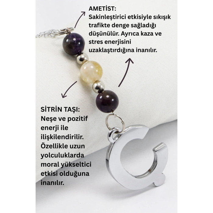 Doğal Taşlı Gümüş Renk Ç Harfi Araba Dikiz Ayna Süsü, Ametist, Sitrin Taşlı Zincirli Araba Hediyesi
