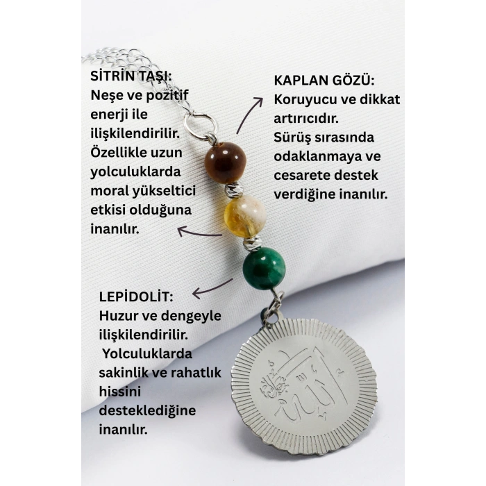 Doğal Taşlı Çelik Allah Lafzı Araba Dikiz Ayna Süsü, Kaplan Gözü, Sitrin Taşı, Lepidolit 8mm