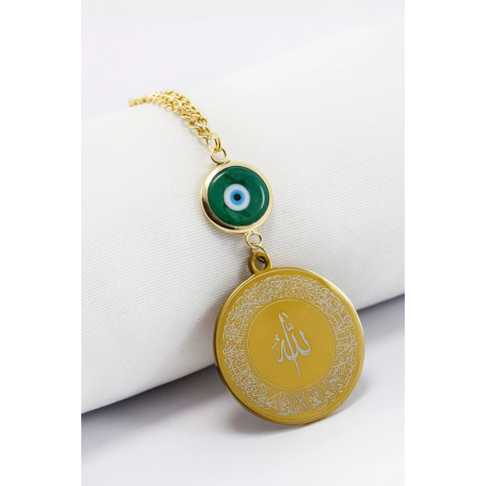 Yeşil Cam Nazar Boncuklu Gold Çelik Allah Lafzı Ayetel Kürsi Felak Nas İhlas Dikiz Ayna Süsü (3,5cm)