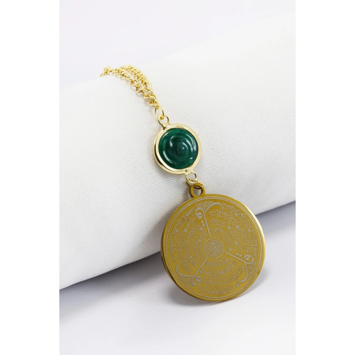 Yeşil Cam Nazar Boncuklu Gold Çelik Allah Lafzı Ayetel Kürsi Felak Nas İhlas Dikiz Ayna Süsü (3,5cm)