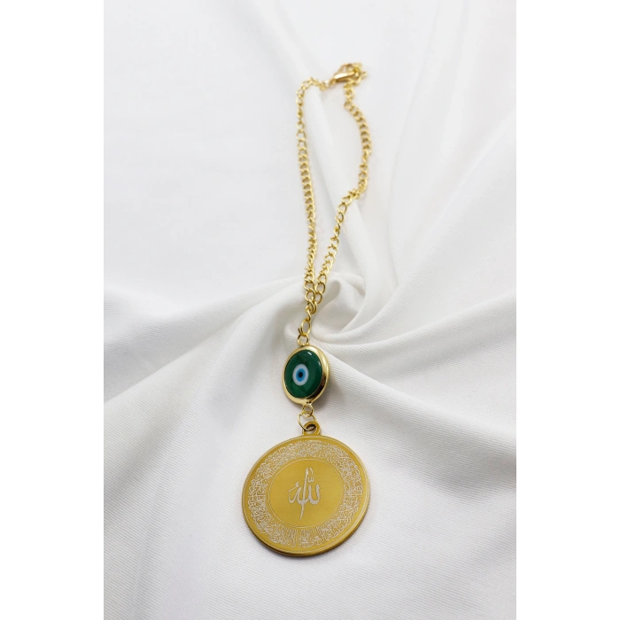 Yeşil Cam Nazar Boncuklu Gold Çelik Allah Lafzı Ayetel Kürsi Felak Nas İhlas Dikiz Ayna Süsü (3,5cm)