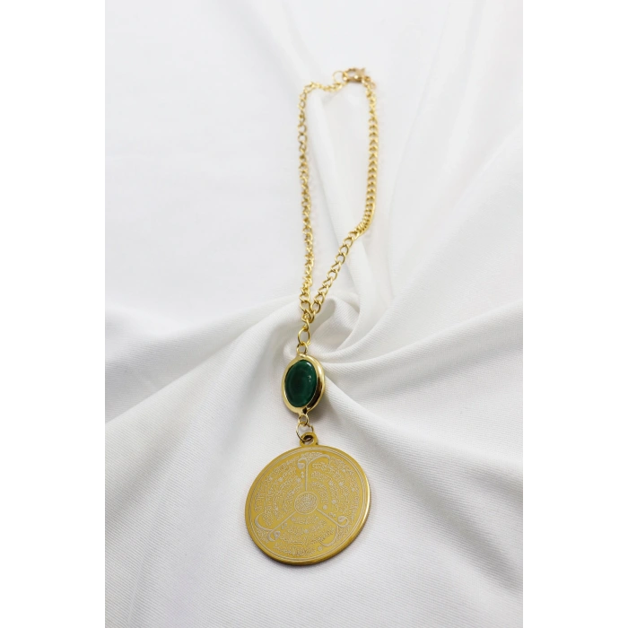 Yeşil Cam Nazar Boncuklu Gold Çelik Allah Lafzı Ayetel Kürsi Felak Nas İhlas Dikiz Ayna Süsü (3,5cm)