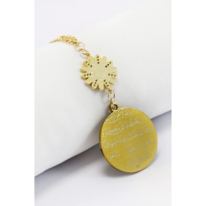 Zirkon Papatyalı Gold Çelik Çift Taraflı Ayetel Kürsi/ Nazar Ayeti Araba Dikiz Ayna Süsü Zincirli