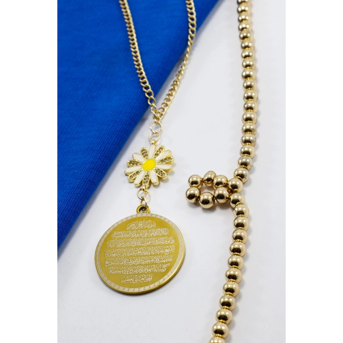 Zirkon Papatyalı Gold Çelik Çift Taraflı Ayetel Kürsi/ Nazar Ayeti Araba Dikiz Ayna Süsü Zincirli