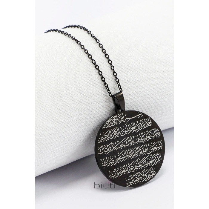 Koruyucu Manevi Zırh Kolye Siyah Hat İşlemeli Nazar Ayeti ve Fatiha Suresi 316L Çelik 3 cm
