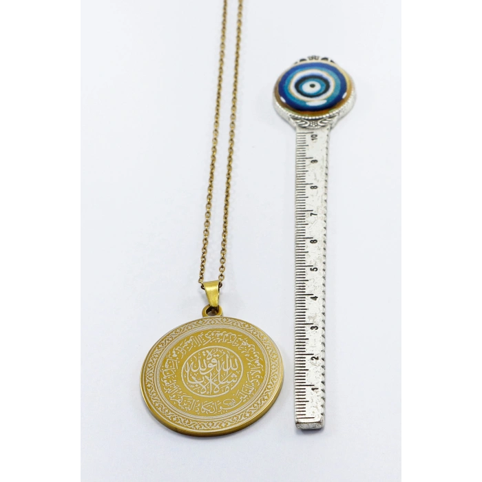 Ruhunu Aydınlatan Gold Renkli Nazar Ayeti & Çerçeveli Fatiha Suresi İşlemeli 316L Çelik Kolye 3 cm
