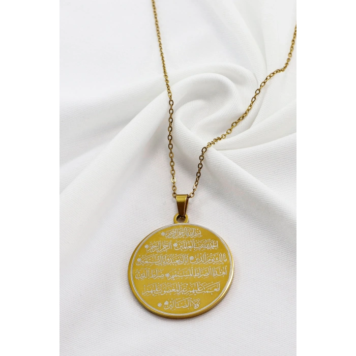 Ruhunu Aydınlatan Gold Renkli Nazar Ayeti & Çerçeveli Fatiha Suresi İşlemeli 316L Çelik Kolye 3 cm