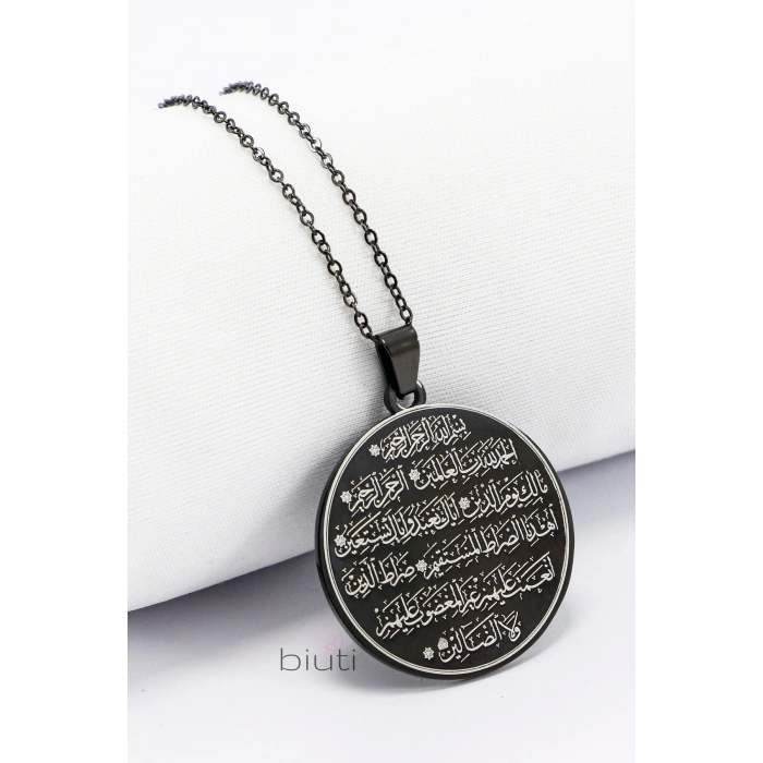 Zihinsel Huzur Nazar Ayeti & Çerçeveli Fatiha Suresi İşlemeli 316L Çelik Siyah Renkli Kolye 3 cm