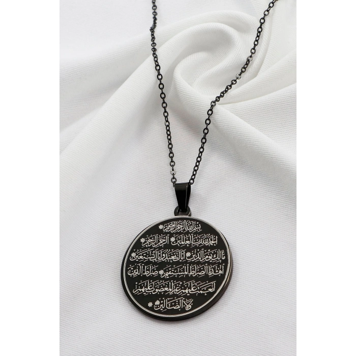 Zihinsel Huzur Nazar Ayeti & Çerçeveli Fatiha Suresi İşlemeli 316L Çelik Siyah Renkli Kolye 3 cm