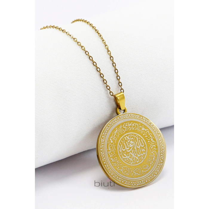 Gold Renkli 316L Paslanmaz Çelik Hat Nazar Ayeti § La İlahe İllallah Lazer Kazıma Kolye 3cm