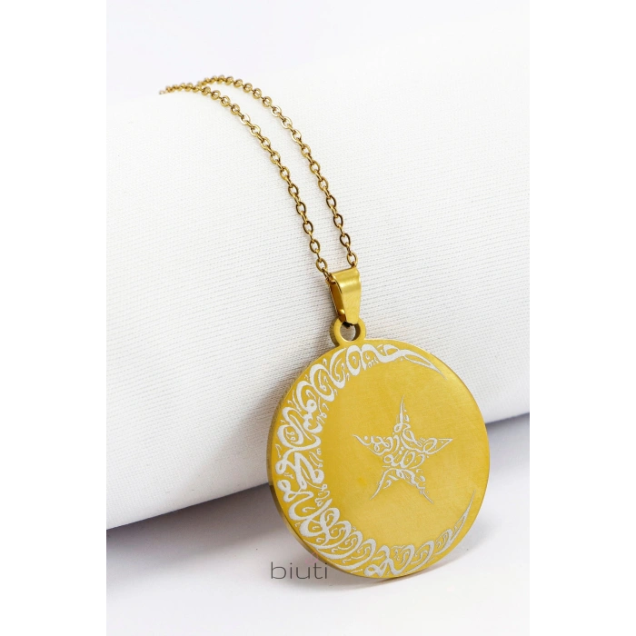 Gold Renkli 316L Paslanmaz Çelik Hat Nazar Ayeti § La İlahe İllallah Lazer Kazıma Kolye 3cm