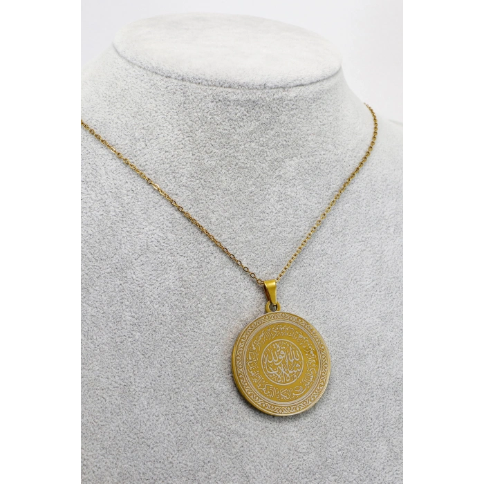 Gold Renkli 316L Paslanmaz Çelik Hat Nazar Ayeti § La İlahe İllallah Lazer Kazıma Kolye 3cm