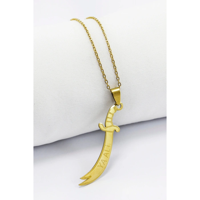 Paslanmaz Çelik Gold Renkli Kılıç Ya Ali Çelik Kolye , Hediyelik Kolye (60 cm)