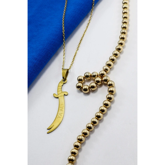 Paslanmaz Çelik Gold Renkli Kılıç Ya Ali Çelik Kolye , Hediyelik Kolye (60 cm)