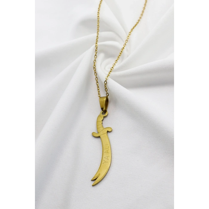 Paslanmaz Çelik Gold Renkli Kılıç Ya Ali Çelik Kolye , Hediyelik Kolye (60 cm)
