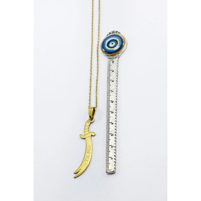 Paslanmaz Çelik Gold Renkli Kılıç Ya Ali Çelik Kolye , Hediyelik Kolye (60 cm)