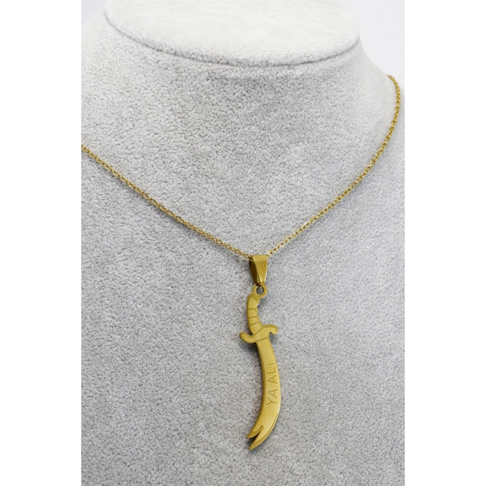 Paslanmaz Çelik Gold Renkli Kılıç Ya Ali Çelik Kolye , Hediyelik Kolye (60 cm)