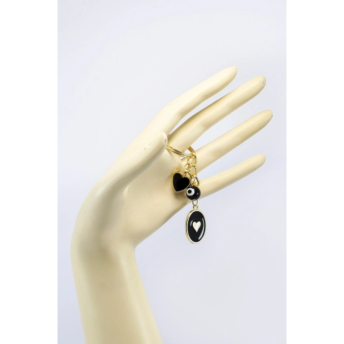 Siyah Cam Nazar Boncuğu Gold Siyah Metal Kalp Küçük Anahtarlık,Minik Çanta Süsü