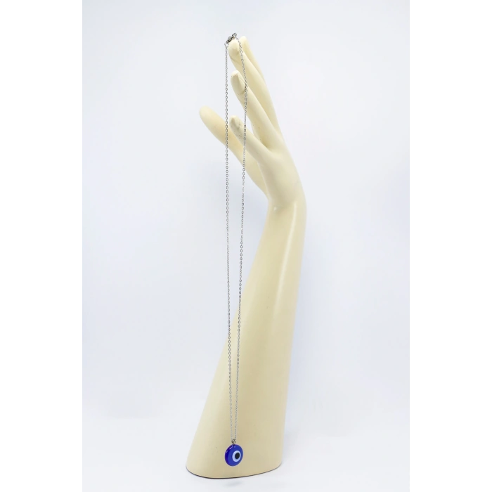 El Yapımı cam Mavi Nazar Boncuklu 316L Paslanmaz Çelik Kolye, Zincir 60 cm, Gümüş Renkli